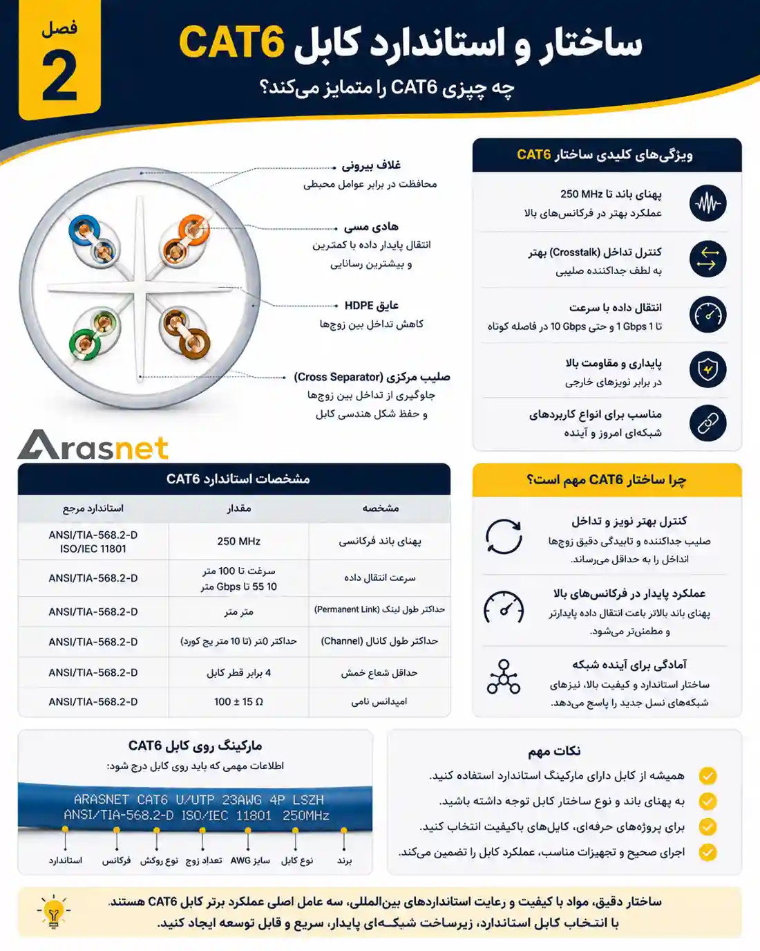 اینفوگرافیک استاندارد کابل شبکه CAT6 شامل چهار زوج سیم تابیده، جداکننده داخلی، پهنای باند 250 مگاهرتز و مشخصات فنی کابل
