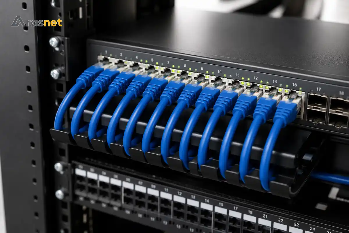 پچ کوردهای شبکه CAT6 متصل به سوئیچ شبکه داخل رک با مدیریت منظم کابل‌ها