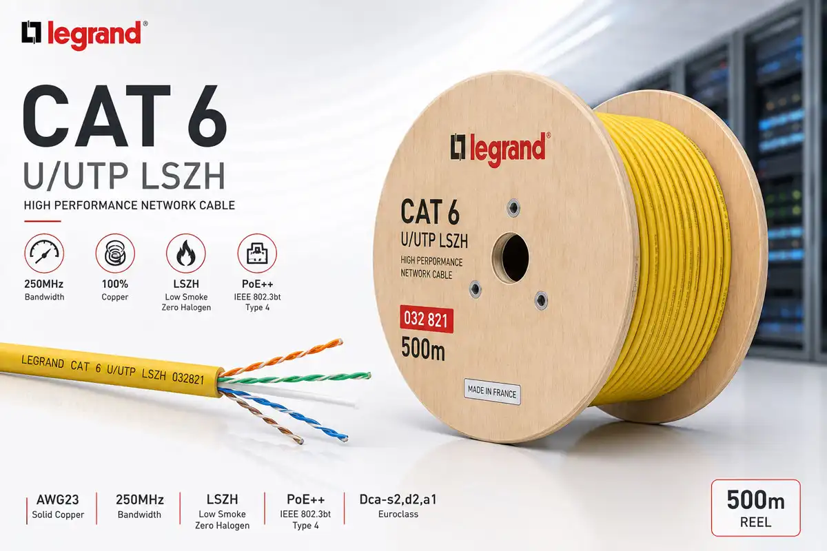 کابل شبکه لگراند Cat6 U/UTP LSZH مدل 032821 به صورت قرقره 500 متری با روکش زرد، هادی تمام مس AWG23، چهار زوج سیم تابیده و روکش LSZH