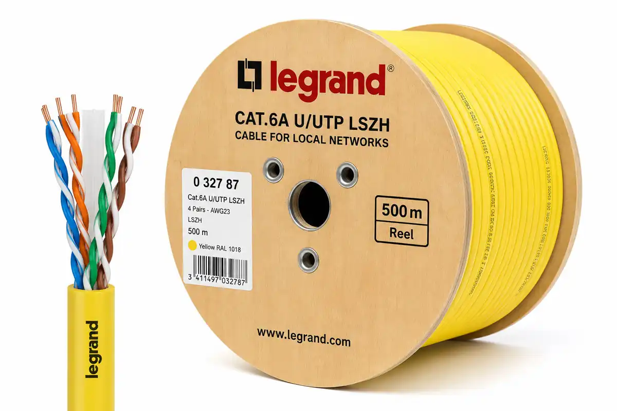کابل شبکه لگراند Cat6A U/UTP LSZH مدل 032787 با روکش زرد، چهار زوج سیم تمام‌مس AWG23، فرکانس 500 مگاهرتز و قرقره 500 متری