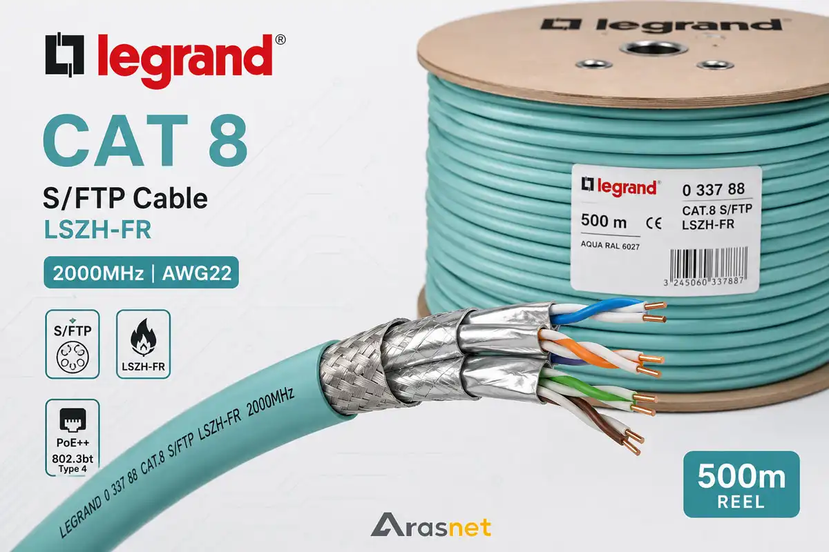 کابل شبکه لگراند Cat8 S/FTP LSZH-FR مدل 033788 با روکش Aqua، ساختار S/FTP، هادی تمام‌مس AWG22، فرکانس 2000MHz و قرقره 500 متری