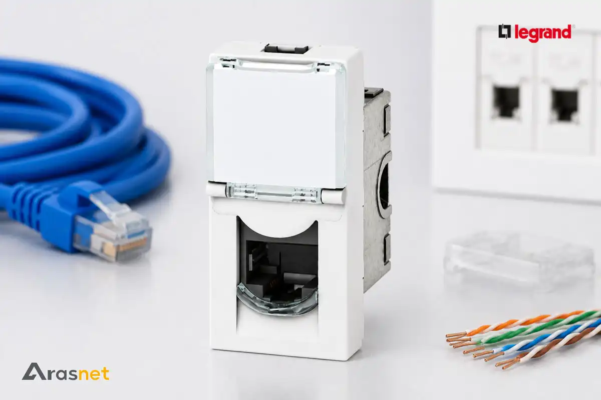 پریز شبکه لگراند Mosaic مدل 076571 در کنار کابل Cat6A UTP و پچ کورد RJ45