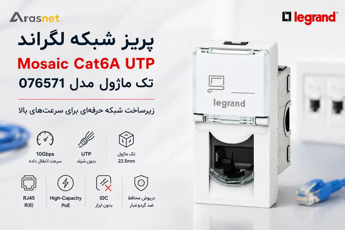 پریز شبکه لگراند 076571 Mosaic Cat6A UTP تک ماژول با پشتیبانی از 10Gbps و High-Capacity PoE