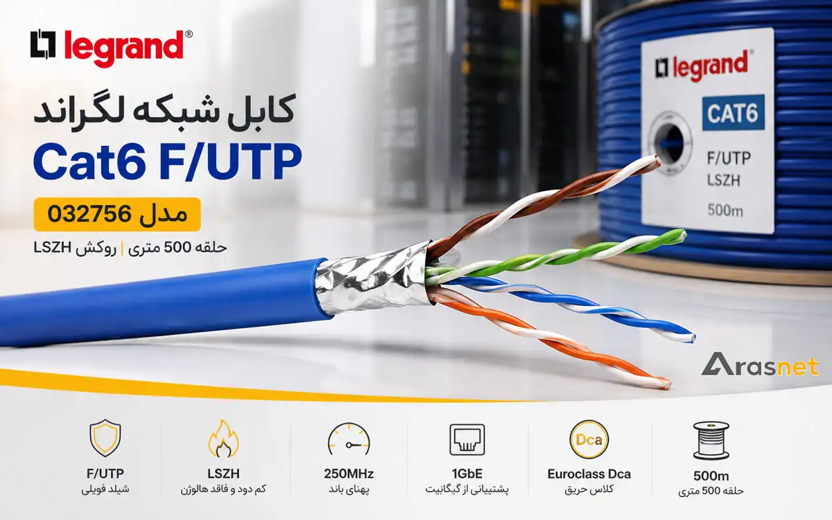تصویر هیرو کابل شبکه لگراند Cat6 F/UTP مدل 032756 با نمایش ساختار شیلد فویلی، روکش LSZH و حلقه 500 متری