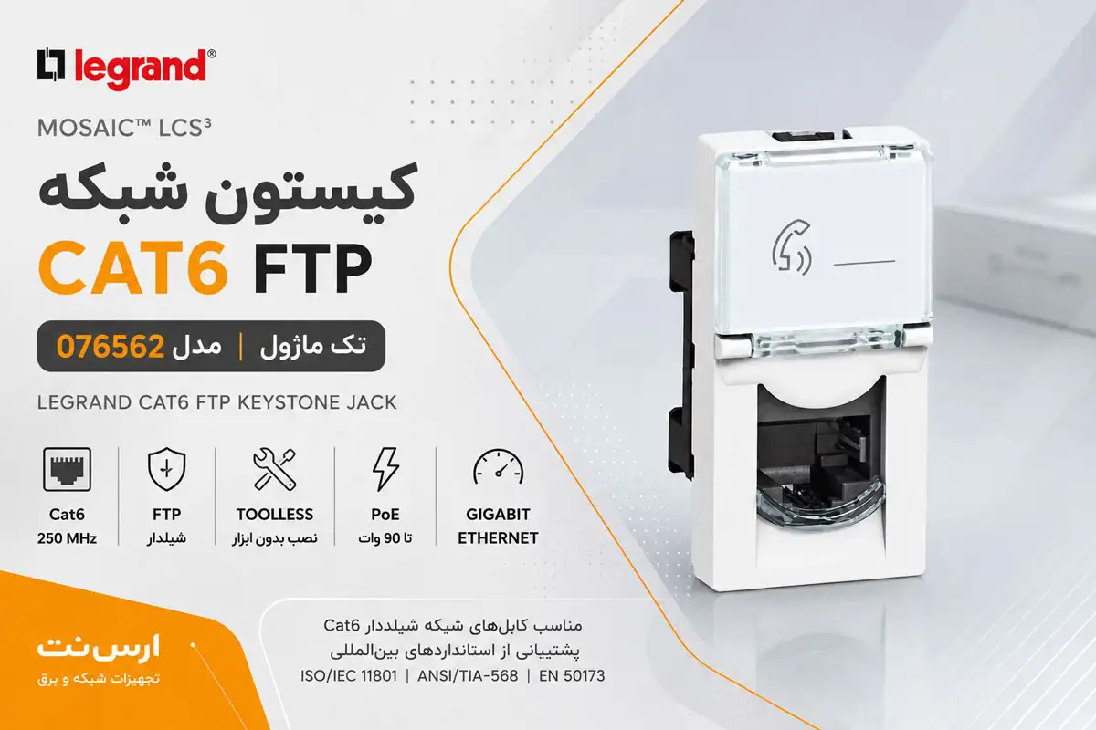 بنر معرفی کیستون شبکه لگراند Cat6 FTP تک ماژول مدل 076562 با نصب بدون ابزار و پشتیبانی از PoE