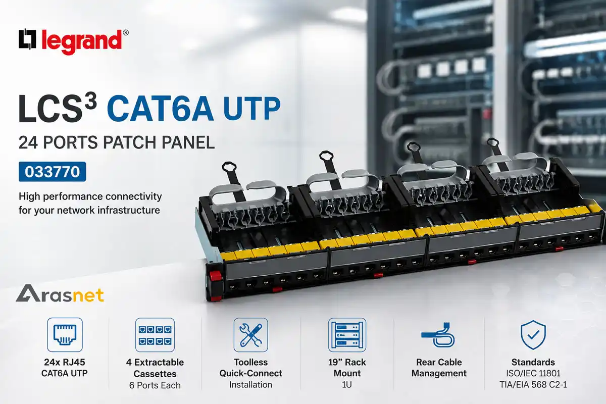پچ پنل لگراند Cat6A UTP مدل 033770 سری LCS3 با 24 پورت RJ45، چهار کست 6 پورتی و نصب 1U در رک 19 اینچ