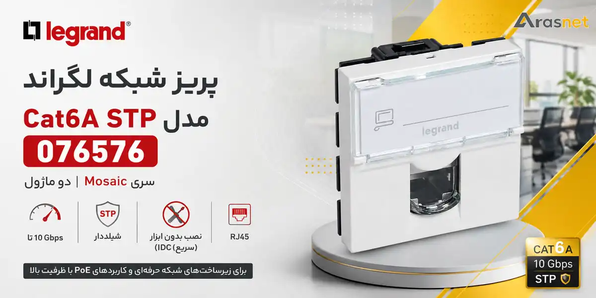 پریز شبکه لگراند Mosaic مدل 076576 با RJ45 Cat6A STP، سرعت 10Gbps و نصب بدون ابزار